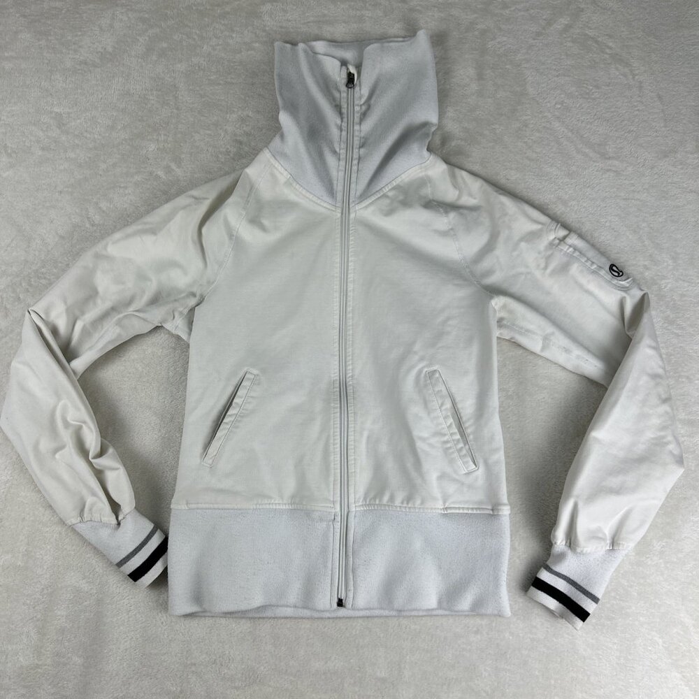 Lululemon Scuba Funnel Neck Womens Small White Full Zip Black Stripe *read